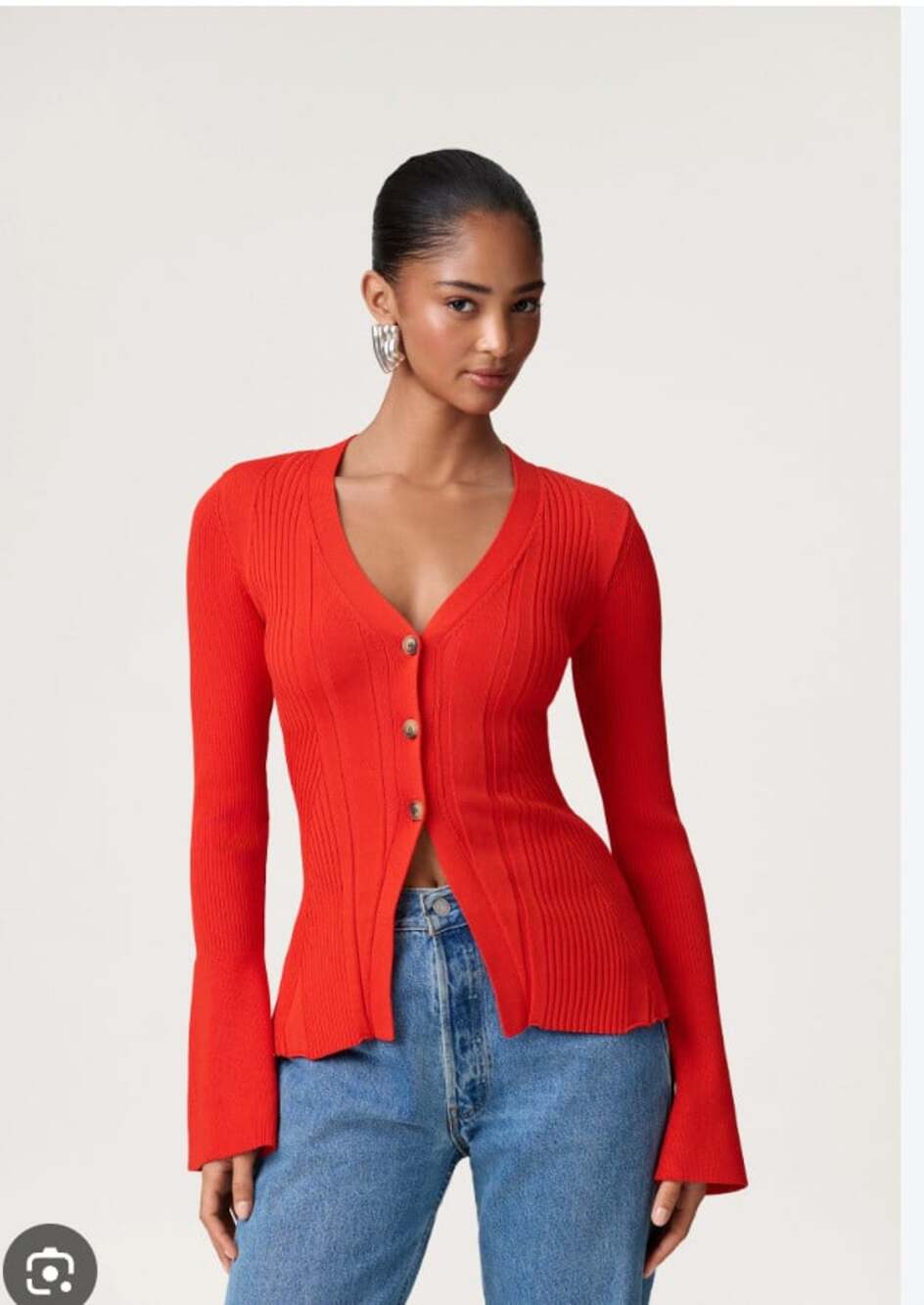 COMMENSE Cardigan Sweater Womens Small Red Ribbed V Neck Button Front Knit Top